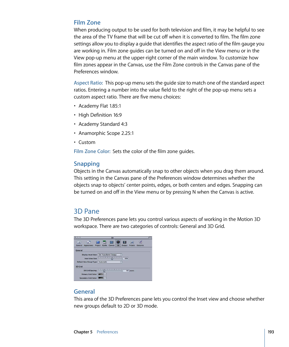 Film zone, Snapping, 3d pane | General | Apple Motion 4 User Manual | Page 193 / 1498