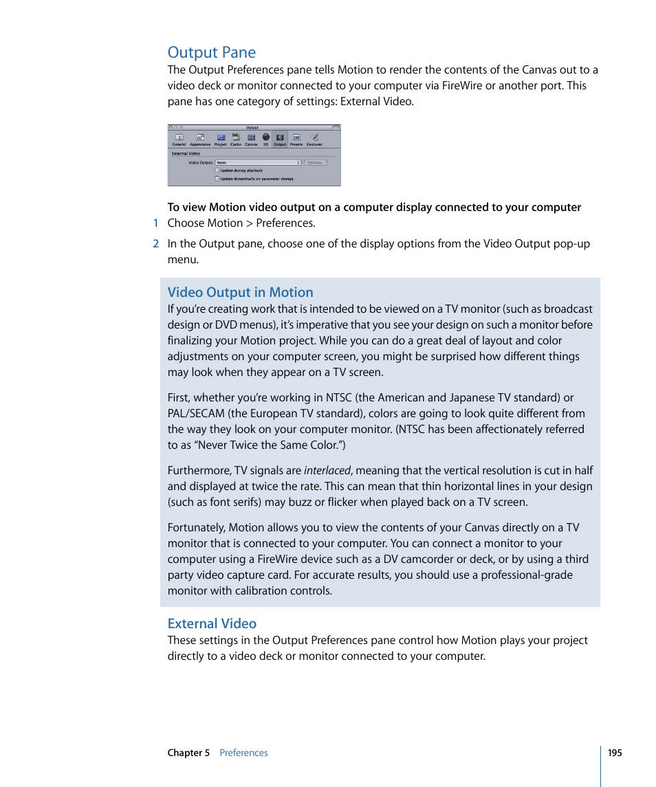 Output pane, External video, Video output in motion | Apple Motion 4 User Manual | Page 195 / 1498