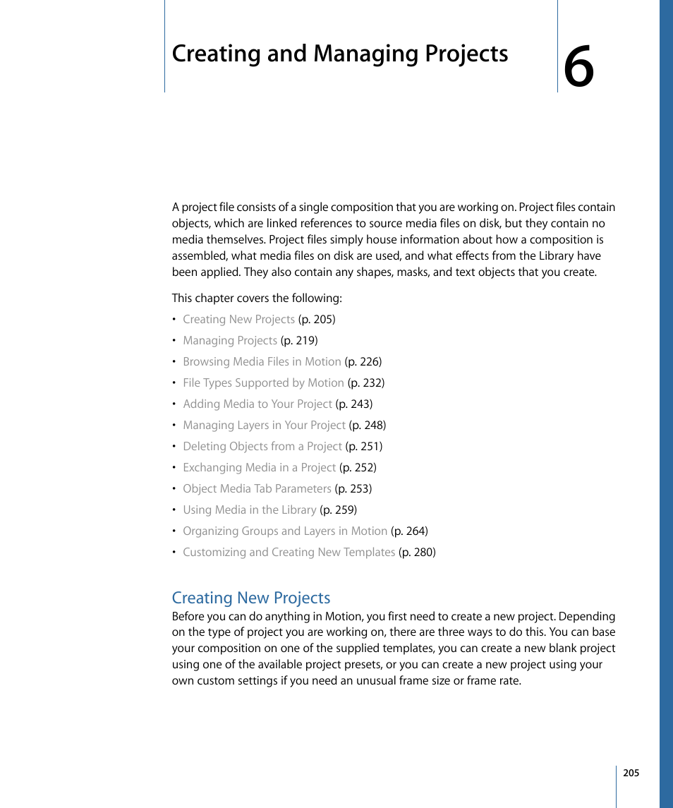 Creating and managing projects, Creating new projects | Apple Motion 4 User Manual | Page 205 / 1498