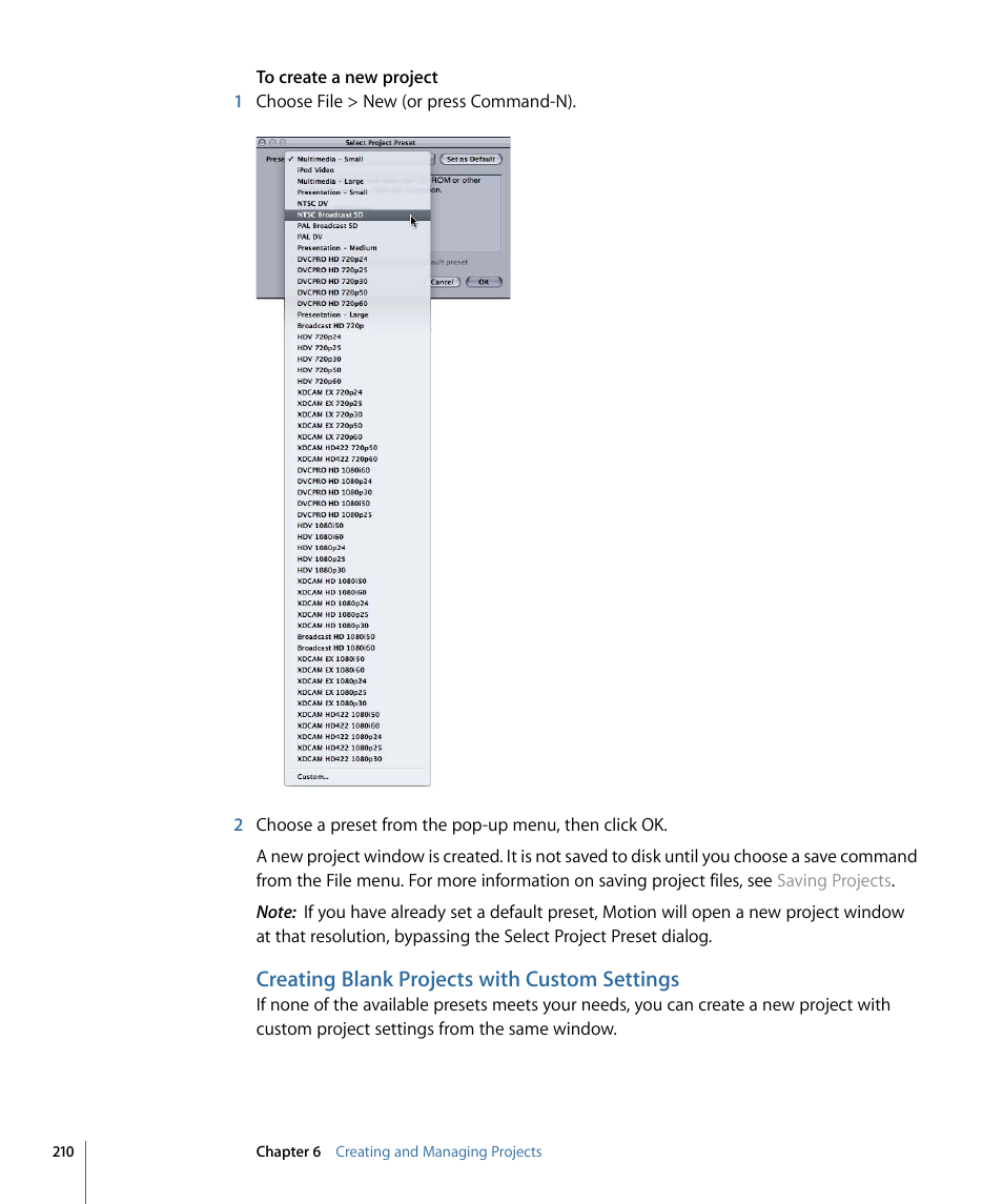Creating blank projects with custom settings | Apple Motion 4 User Manual | Page 210 / 1498