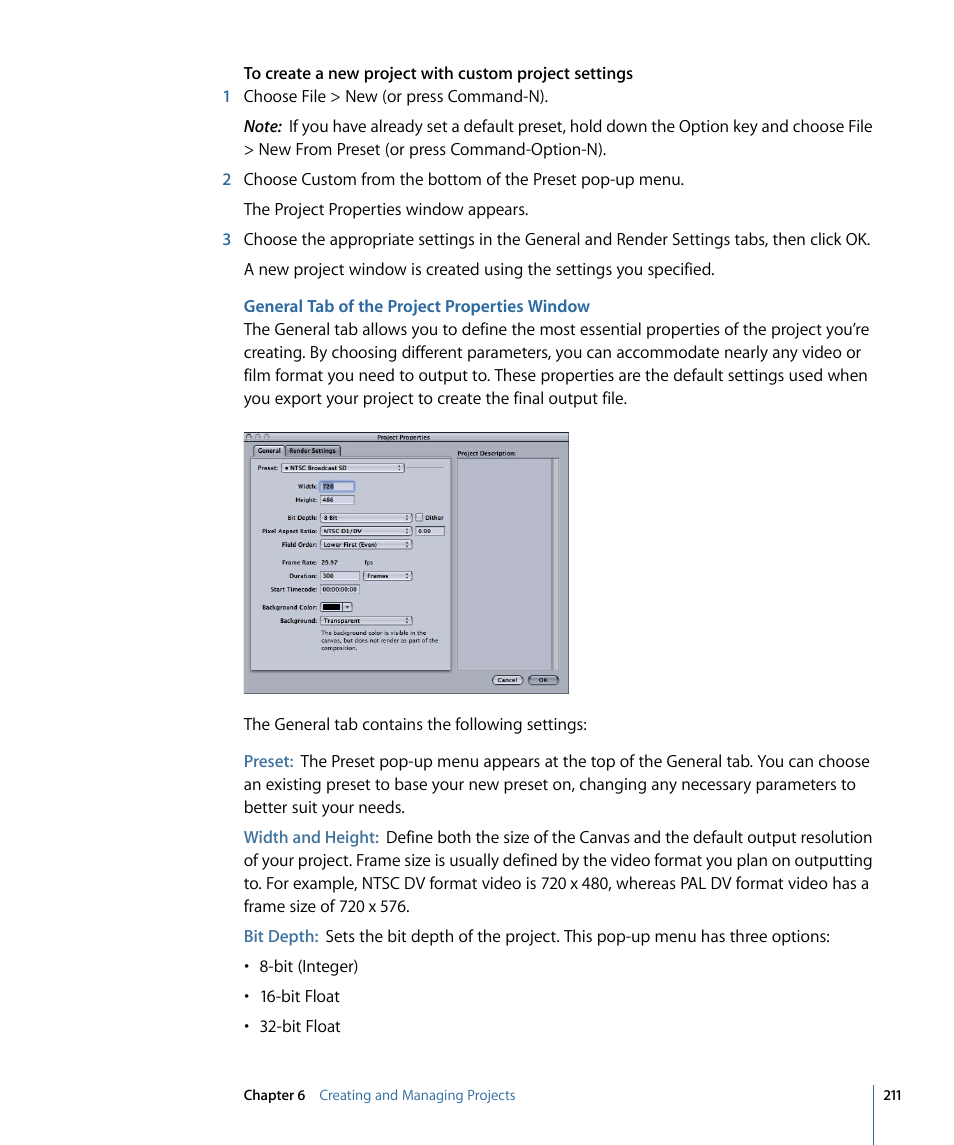 General tab of the project properties window, General, Tab of the project properties window | Apple Motion 4 User Manual | Page 211 / 1498