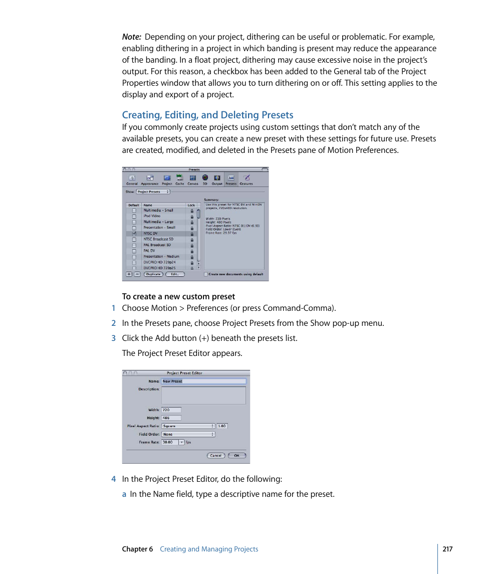 Creating, editing, and deleting presets | Apple Motion 4 User Manual | Page 217 / 1498