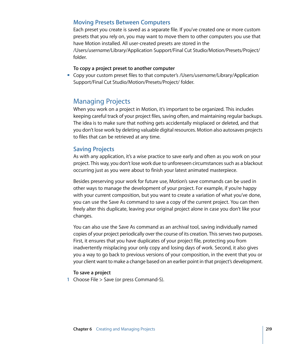 Moving presets between computers, Managing projects, Saving projects | Apple Motion 4 User Manual | Page 219 / 1498