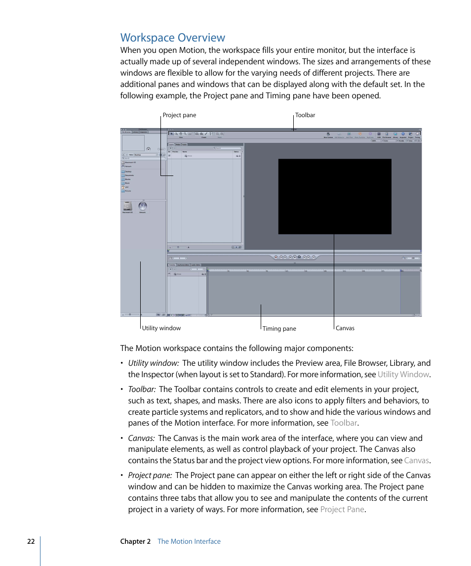 Workspace overview | Apple Motion 4 User Manual | Page 22 / 1498