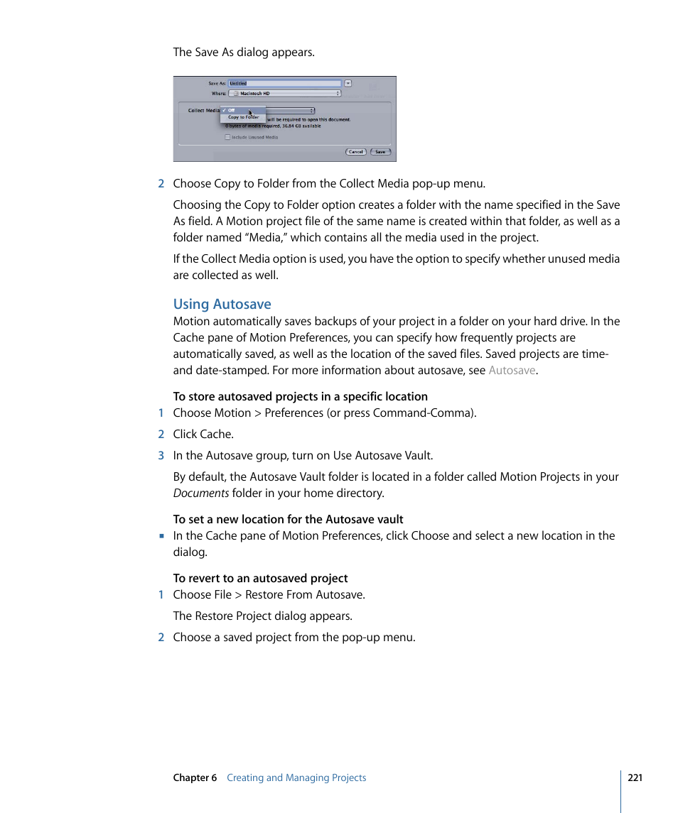 Using autosave | Apple Motion 4 User Manual | Page 221 / 1498