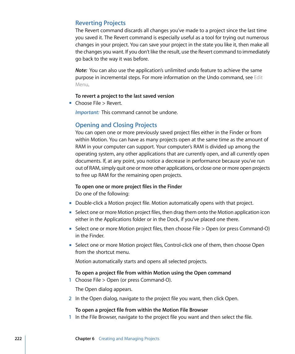 Reverting projects, Opening and closing projects | Apple Motion 4 User Manual | Page 222 / 1498