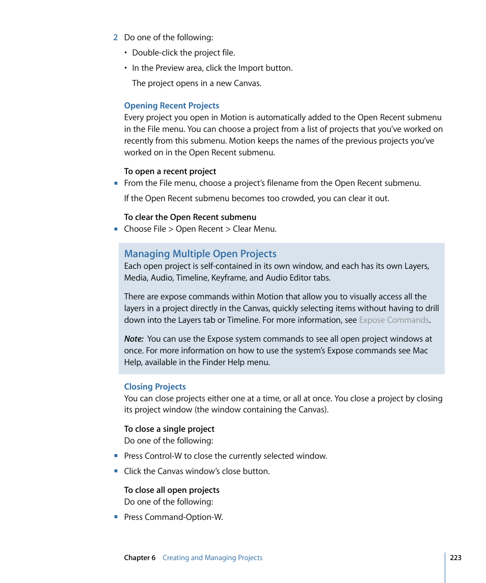 Opening recent projects, Closing projects | Apple Motion 4 User Manual | Page 223 / 1498