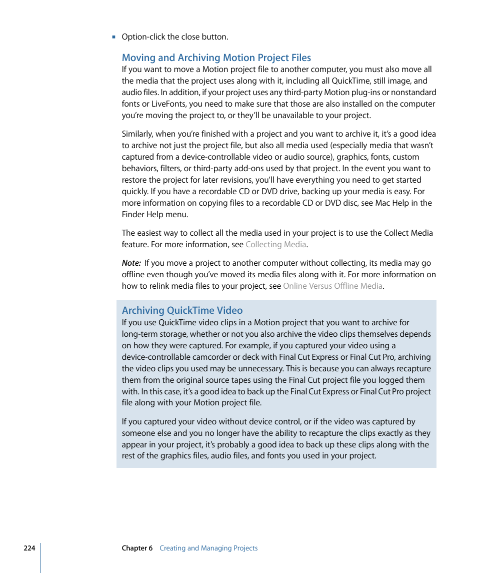 Moving and archiving motion project files, Archiving quicktime video | Apple Motion 4 User Manual | Page 224 / 1498