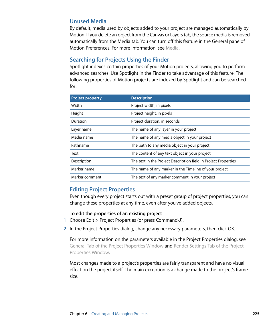 Unused media, Searching for projects using the finder, Editing project properties | Apple Motion 4 User Manual | Page 225 / 1498