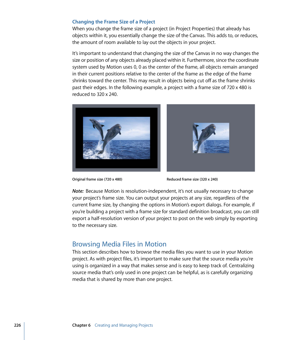 Changing the frame size of a project, Browsing media files in motion | Apple Motion 4 User Manual | Page 226 / 1498