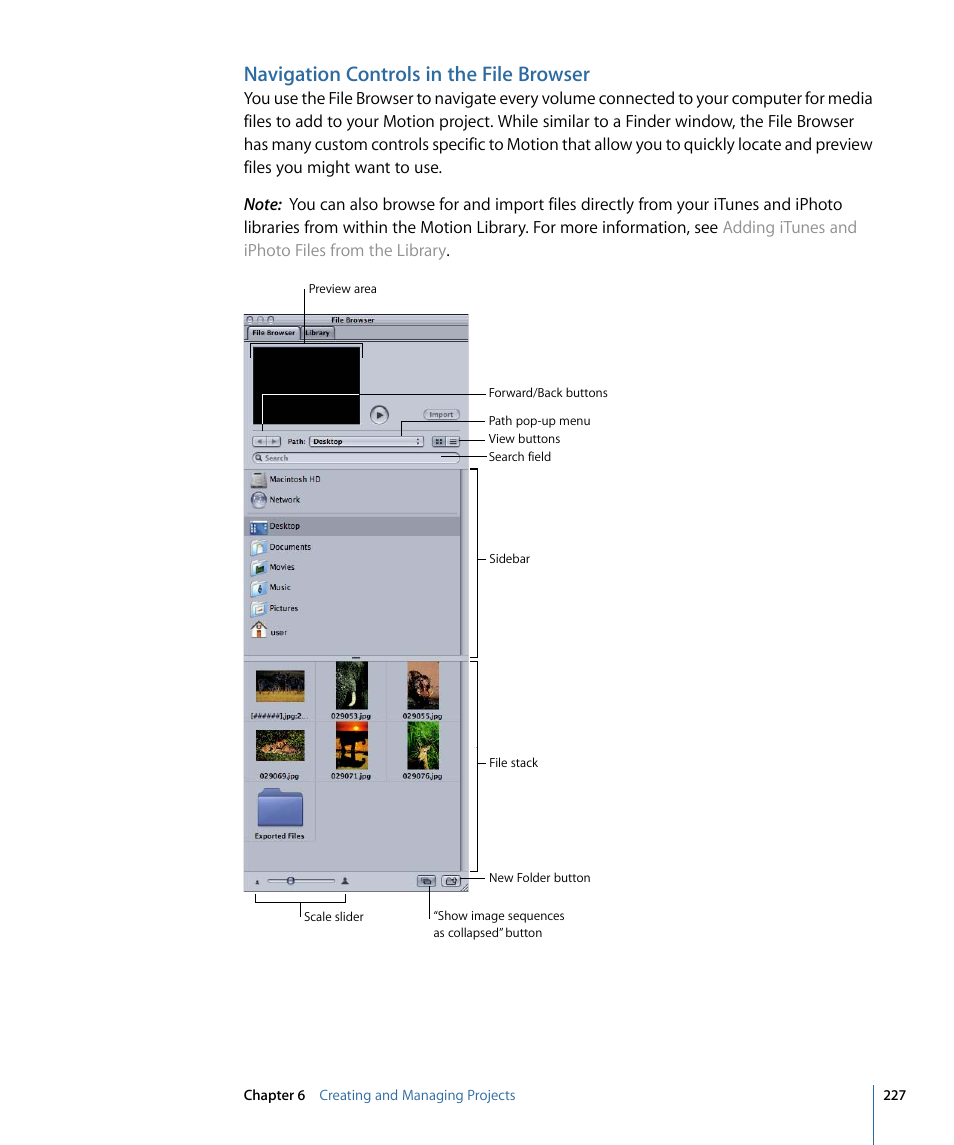 Navigation controls in the file browser | Apple Motion 4 User Manual | Page 227 / 1498