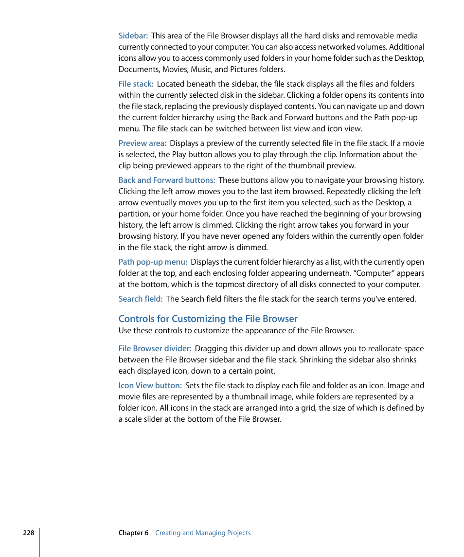 Controls for customizing the file browser | Apple Motion 4 User Manual | Page 228 / 1498