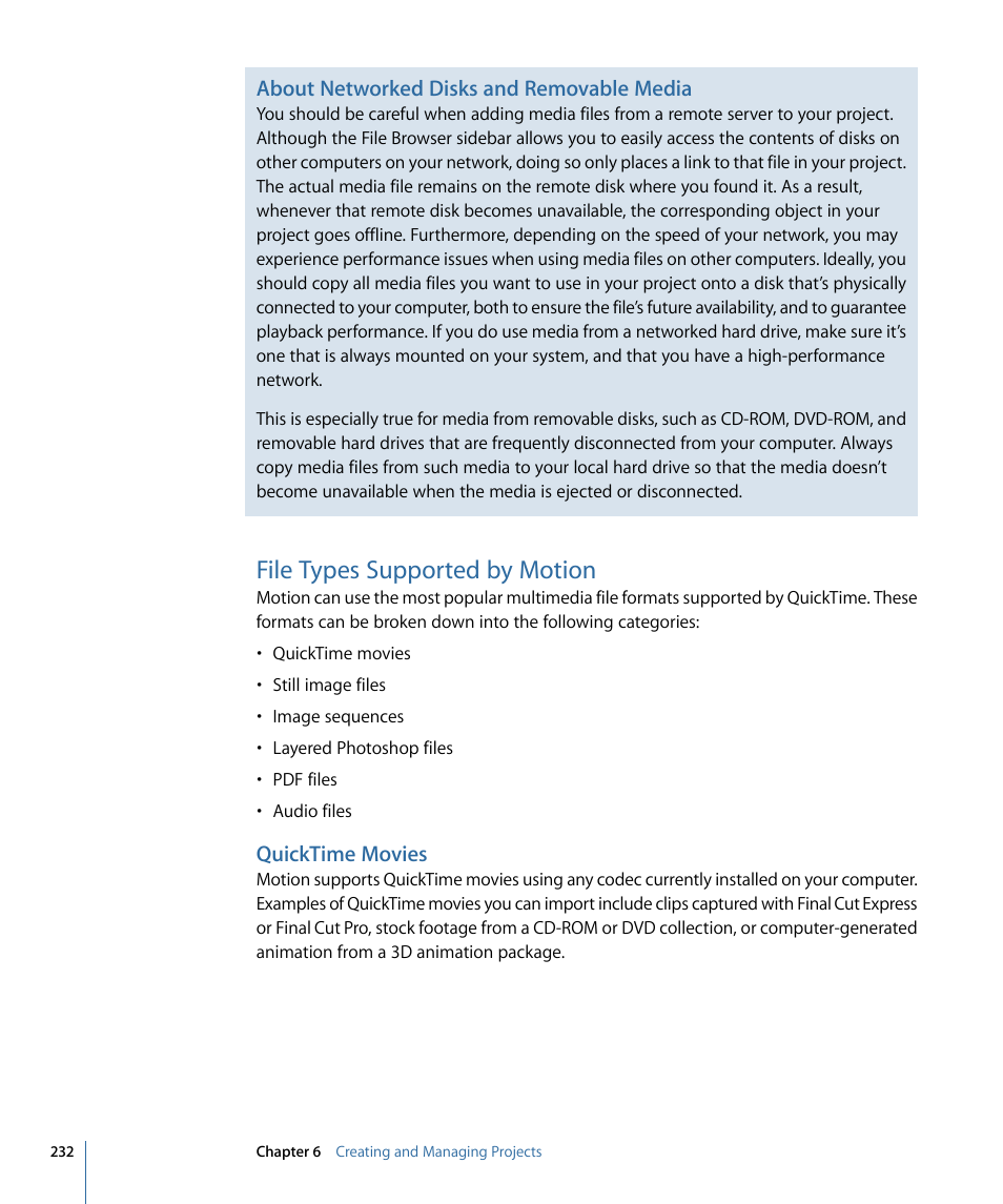 File types supported by motion, Quicktime movies | Apple Motion 4 User Manual | Page 232 / 1498