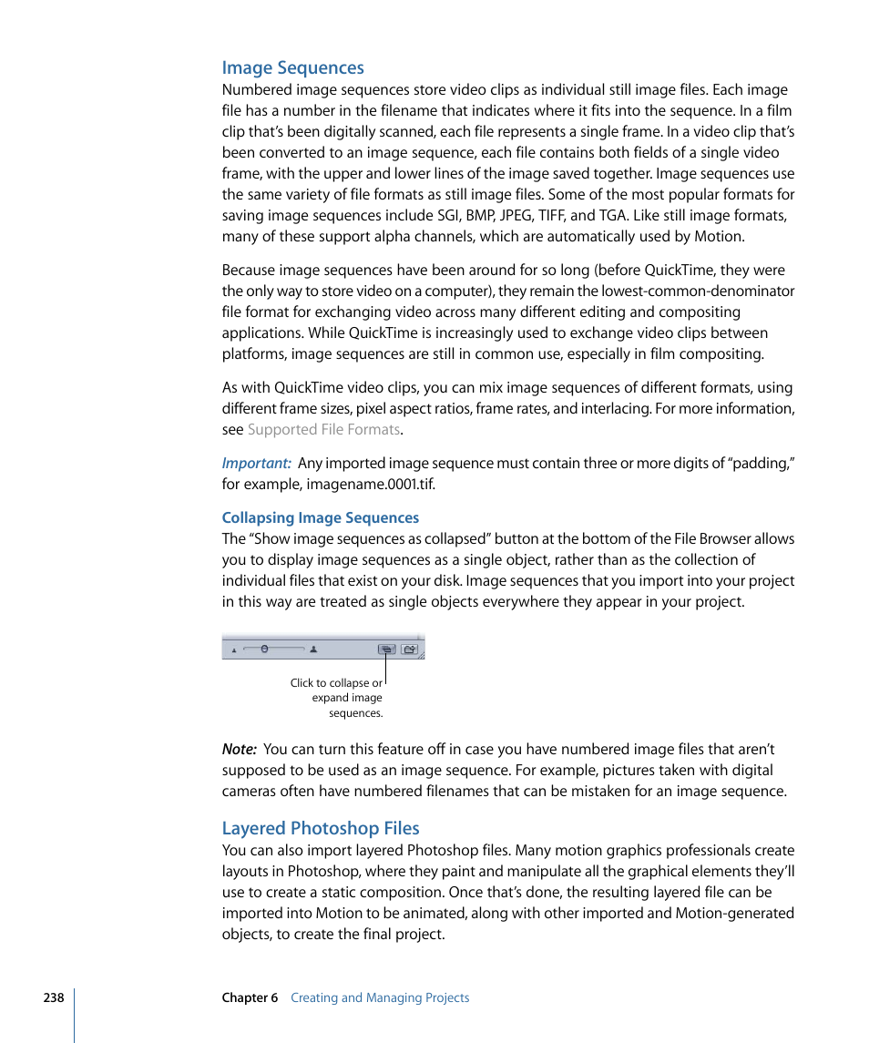 Image sequences, Collapsing image sequences, Layered photoshop files | Apple Motion 4 User Manual | Page 238 / 1498