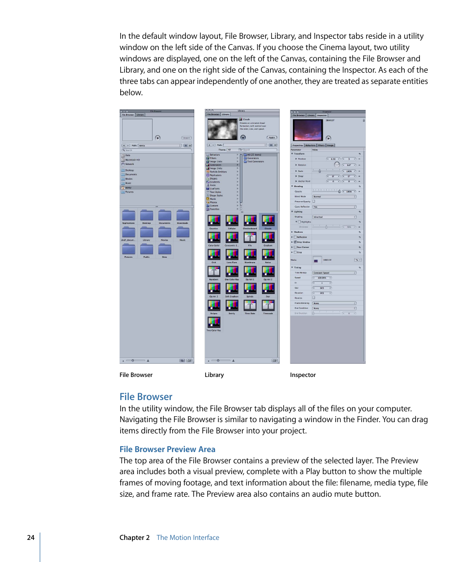 File browser, File browser preview area | Apple Motion 4 User Manual | Page 24 / 1498