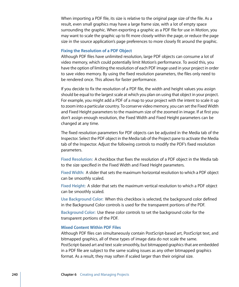 Fixing the resolution of a pdf object, Mixed content within pdf files | Apple Motion 4 User Manual | Page 240 / 1498