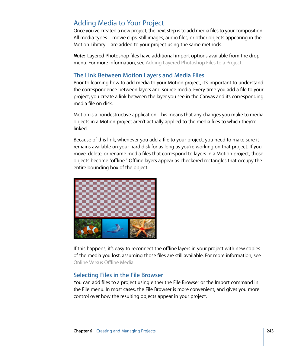 Adding media to your project, The link between motion layers and media files, Selecting files in the file browser | Apple Motion 4 User Manual | Page 243 / 1498