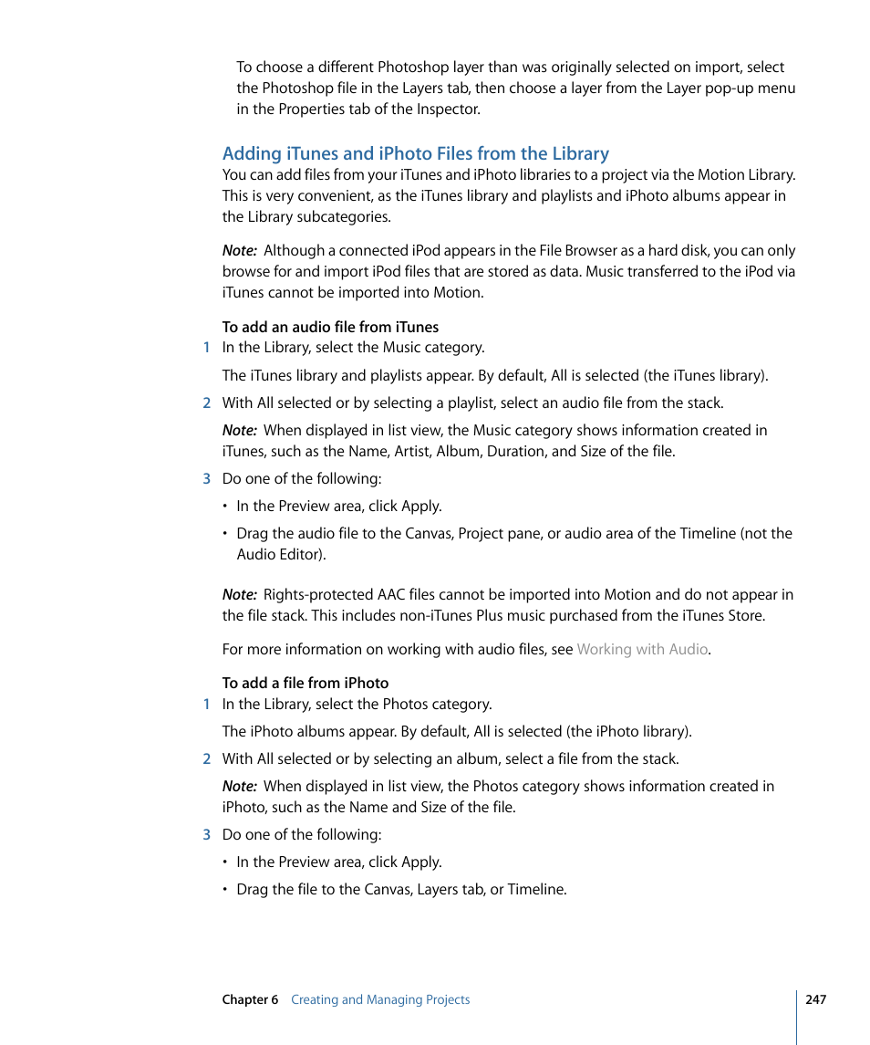 Adding itunes and iphoto files from the library, Adding itunes and iphoto, Files from the library | Apple Motion 4 User Manual | Page 247 / 1498
