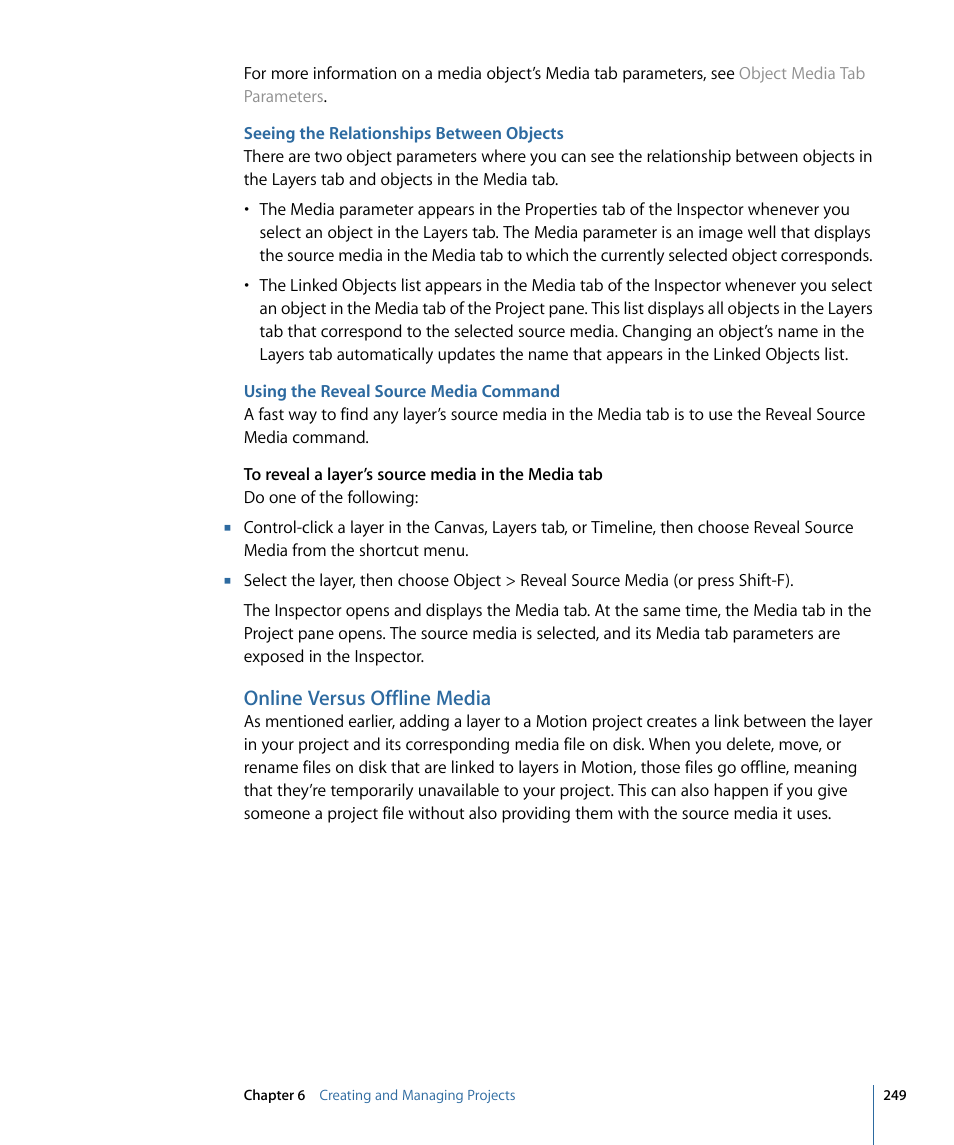 Seeing the relationships between objects, Using the reveal source media command, Online versus offline media | Apple Motion 4 User Manual | Page 249 / 1498