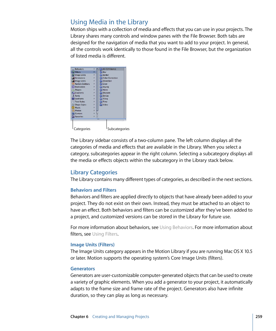 Using media in the library, Library categories, Behaviors and filters | Image units (filters), Generators | Apple Motion 4 User Manual | Page 259 / 1498