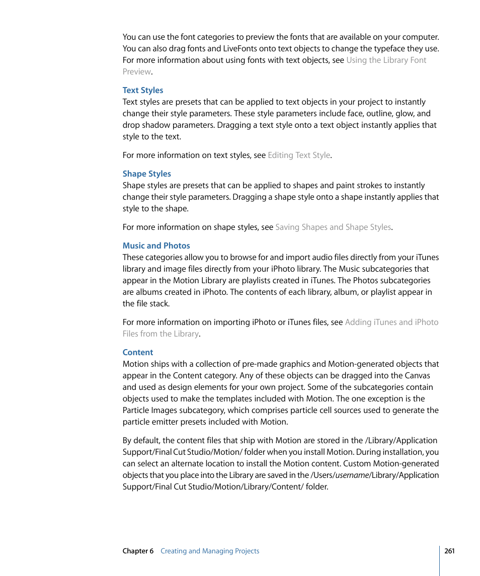 Text styles, Shape styles, Music and photos | Content | Apple Motion 4 User Manual | Page 261 / 1498