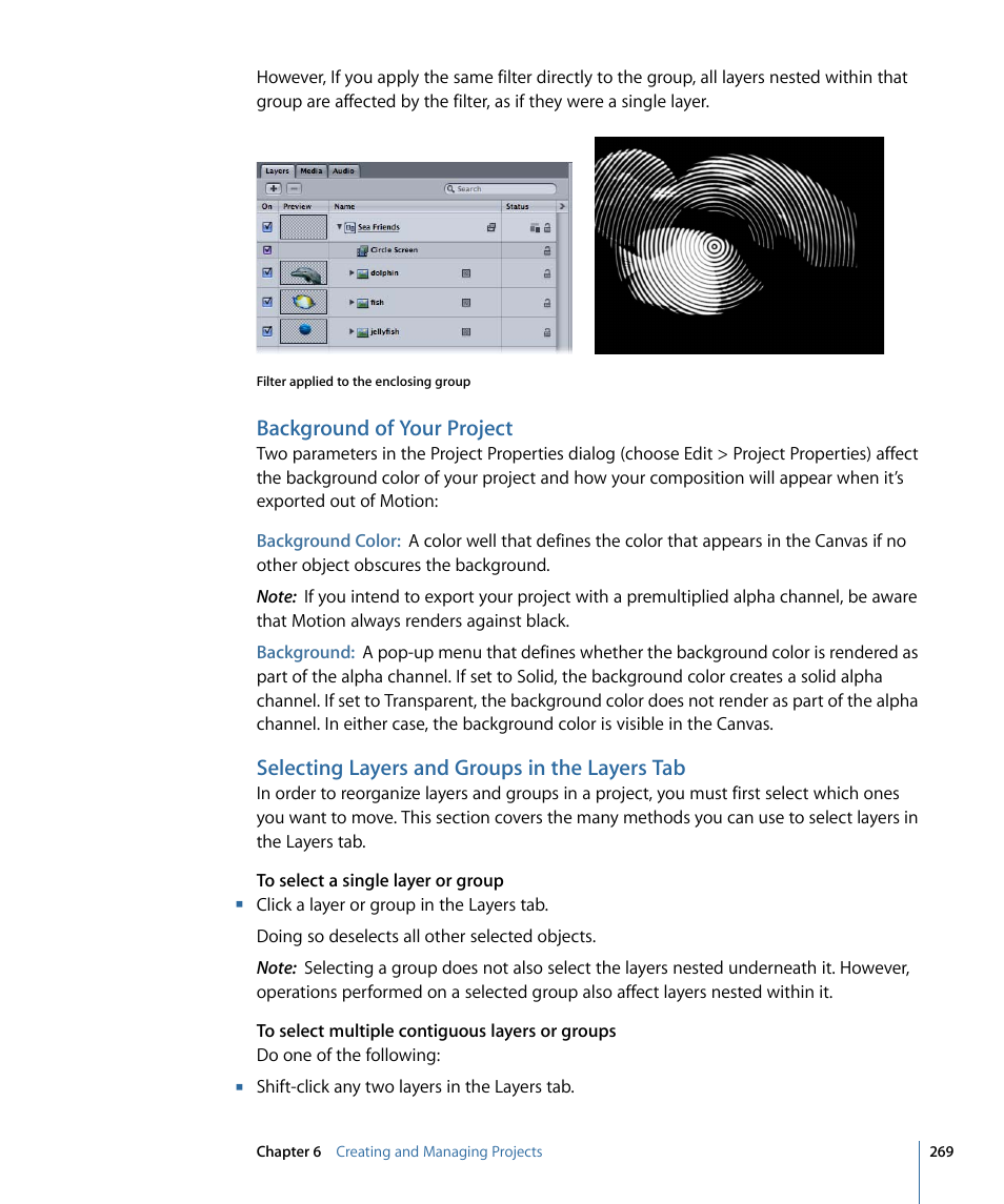 Background of your project, Selecting layers and groups in the layers tab | Apple Motion 4 User Manual | Page 269 / 1498