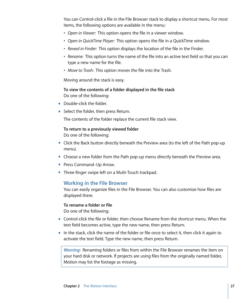 Working in the file browser | Apple Motion 4 User Manual | Page 27 / 1498