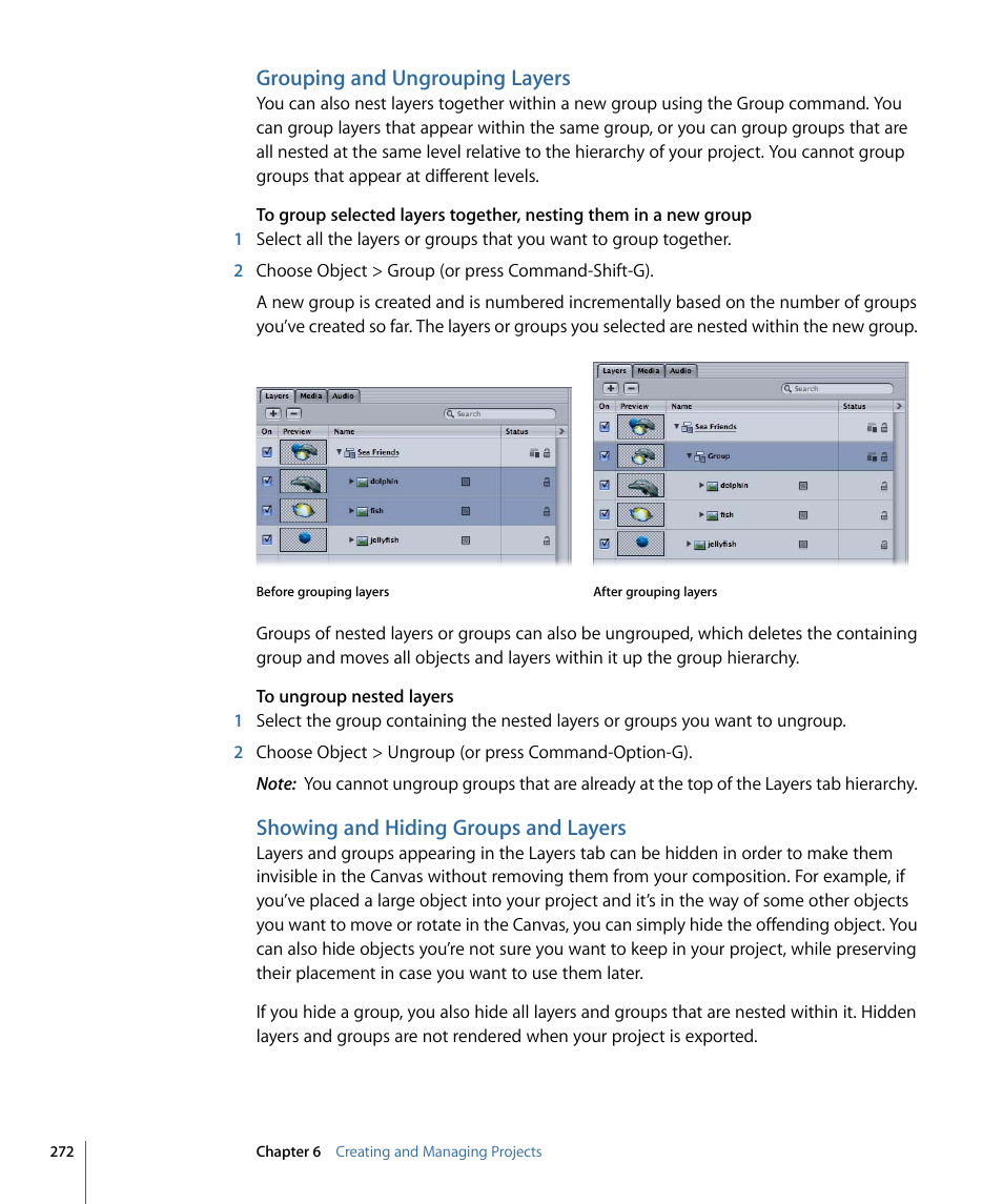 Grouping and ungrouping layers, Showing and hiding groups and layers | Apple Motion 4 User Manual | Page 272 / 1498