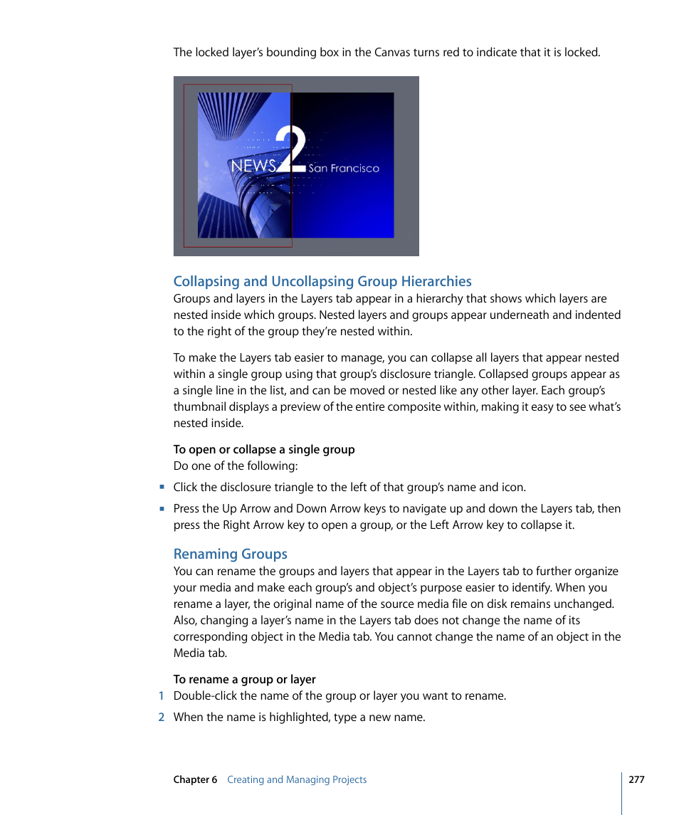 Collapsing and uncollapsing group hierarchies, Renaming groups | Apple Motion 4 User Manual | Page 277 / 1498