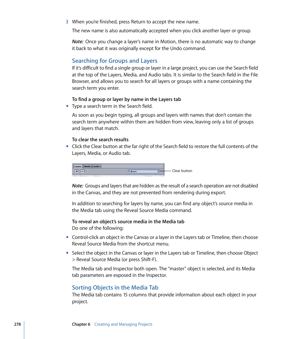 Searching for groups and layers, Sorting objects in the media tab | Apple Motion 4 User Manual | Page 278 / 1498