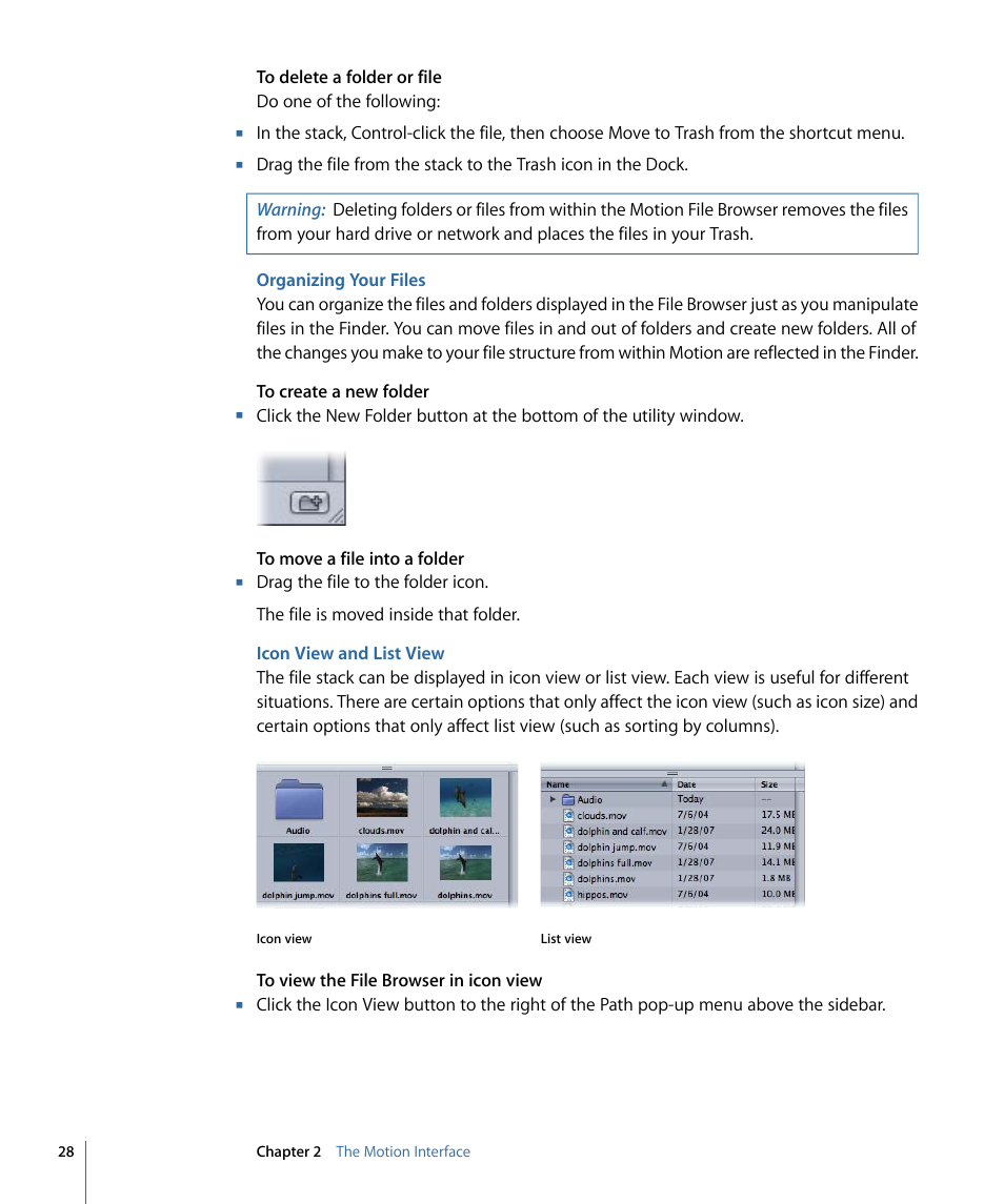 Organizing your files, Icon view and list view | Apple Motion 4 User Manual | Page 28 / 1498