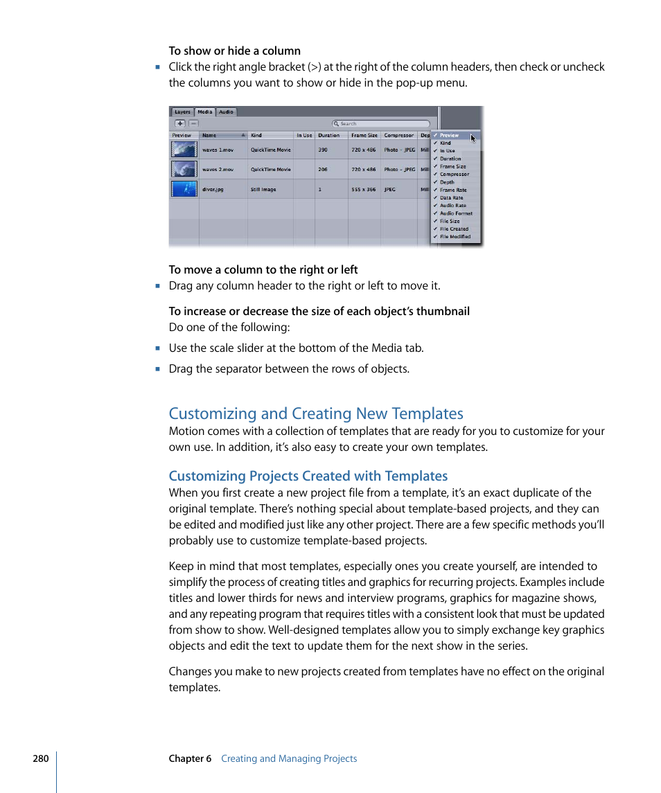 Customizing and creating new templates, Customizing projects created with templates | Apple Motion 4 User Manual | Page 280 / 1498