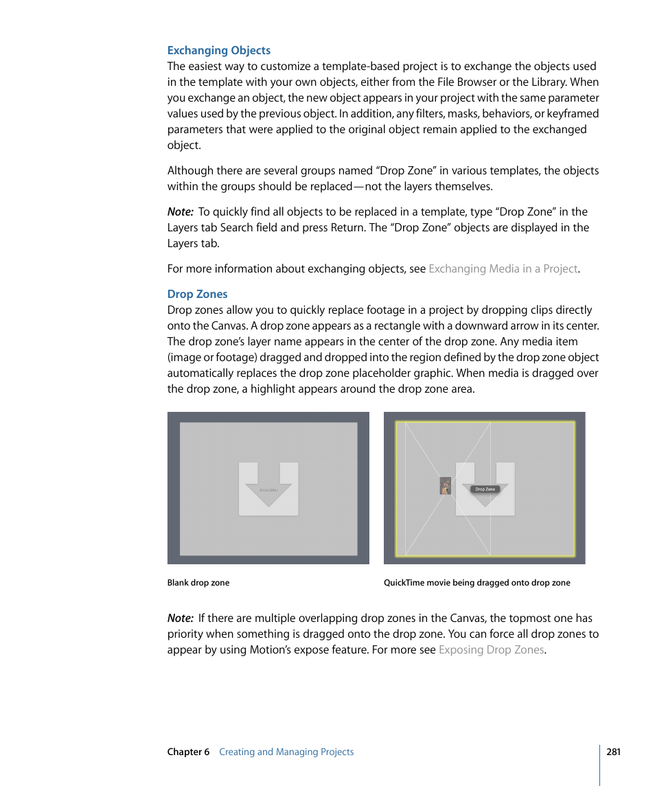 Exchanging objects, Drop zones | Apple Motion 4 User Manual | Page 281 / 1498