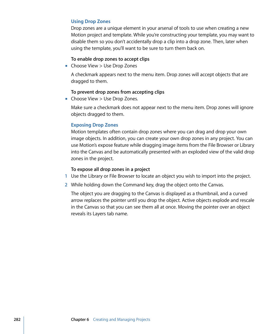 Using drop zones, Exposing drop zones | Apple Motion 4 User Manual | Page 282 / 1498
