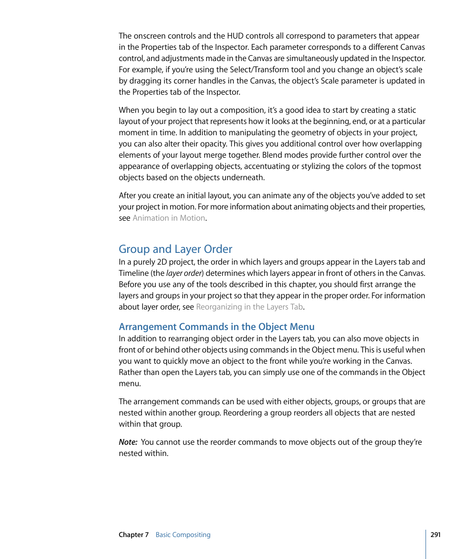 Group and layer order, Arrangement commands in the object menu | Apple Motion 4 User Manual | Page 291 / 1498