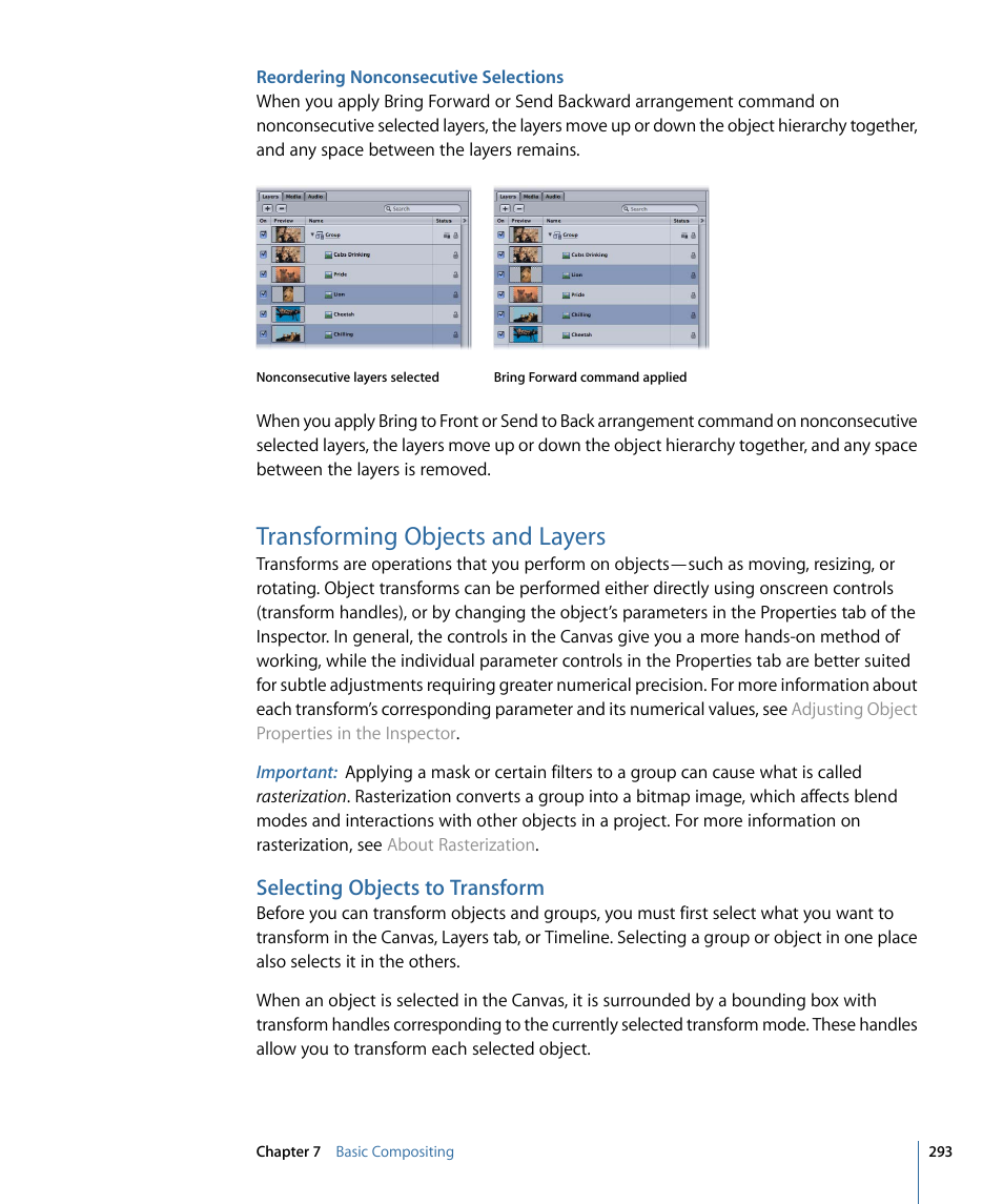 Reordering nonconsecutive selections, Transforming objects and layers, Selecting objects to transform | Apple Motion 4 User Manual | Page 293 / 1498