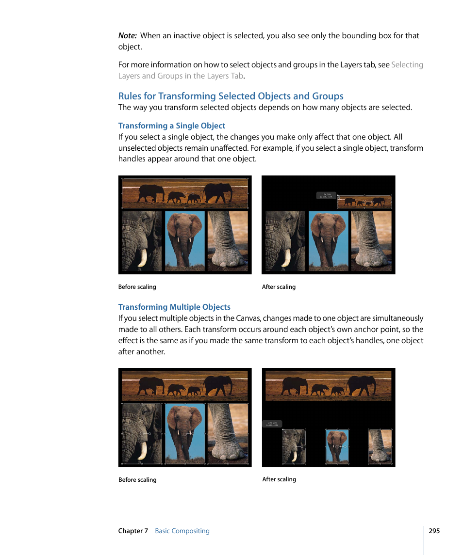 Rules for transforming selected objects and groups, Transforming a single object, Transforming multiple objects | Apple Motion 4 User Manual | Page 295 / 1498