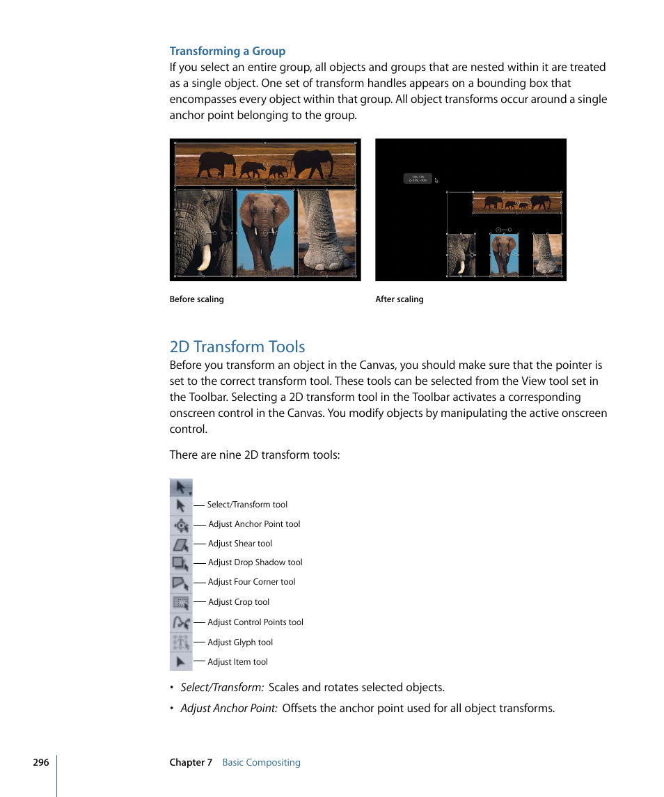 Transforming a group, 2d transform tools | Apple Motion 4 User Manual | Page 296 / 1498