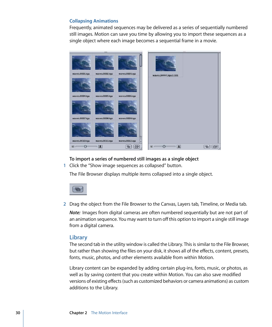 Collapsing animations, Library | Apple Motion 4 User Manual | Page 30 / 1498