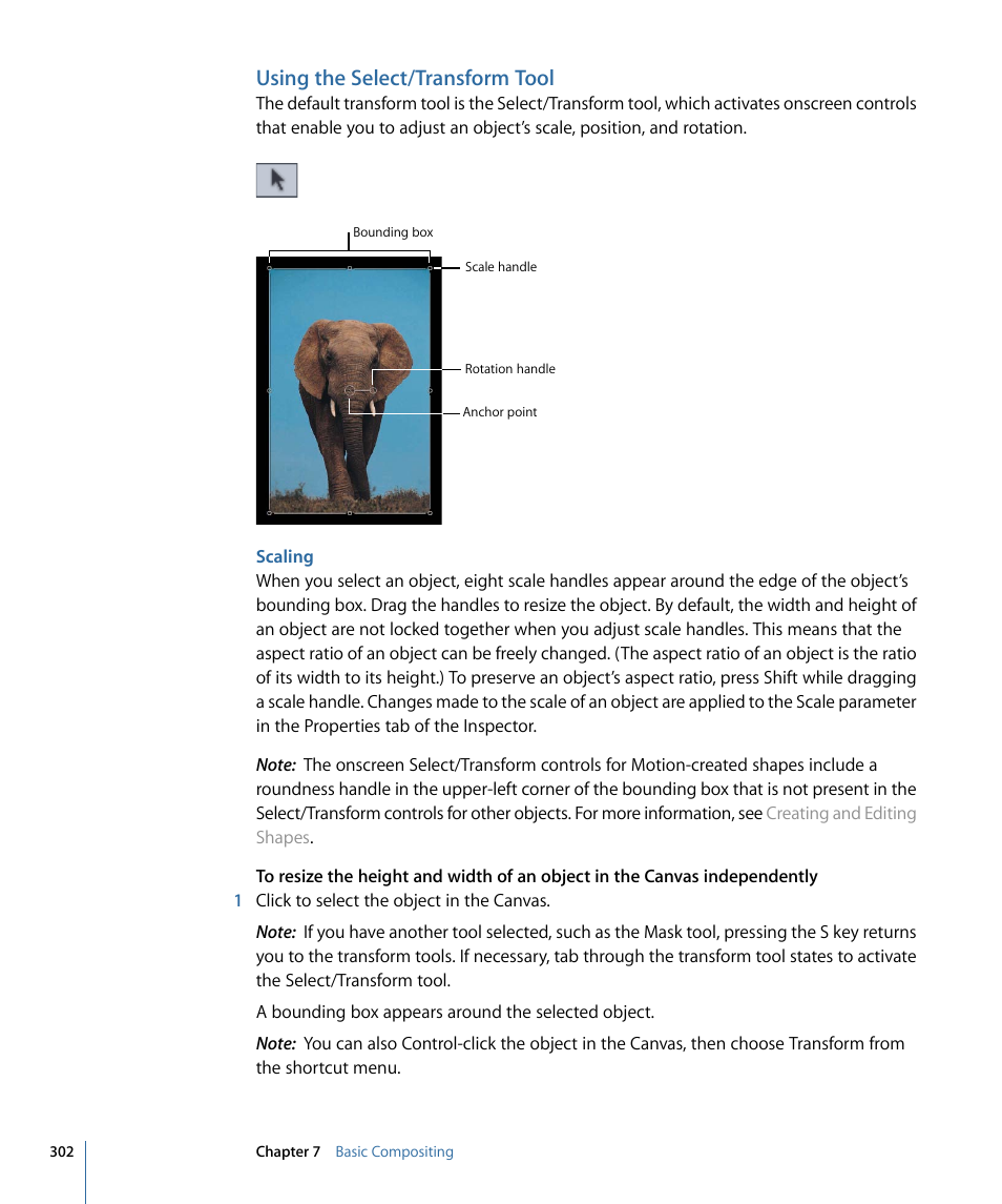 Using the select/transform tool, Scaling | Apple Motion 4 User Manual | Page 302 / 1498