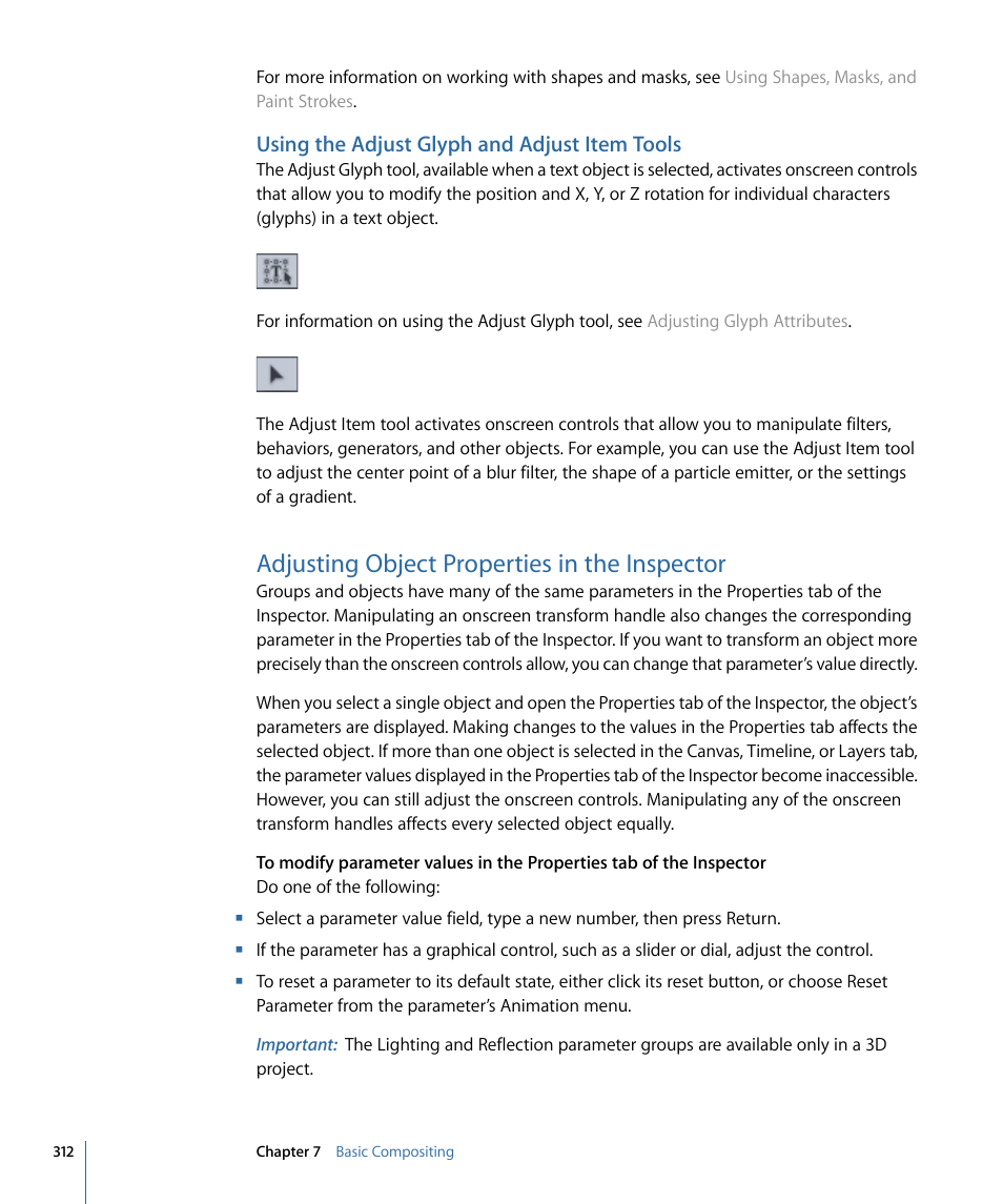 Using the adjust glyph and adjust item tools, Adjusting object properties in the inspector, Adjusting object | Properties in the inspector | Apple Motion 4 User Manual | Page 312 / 1498