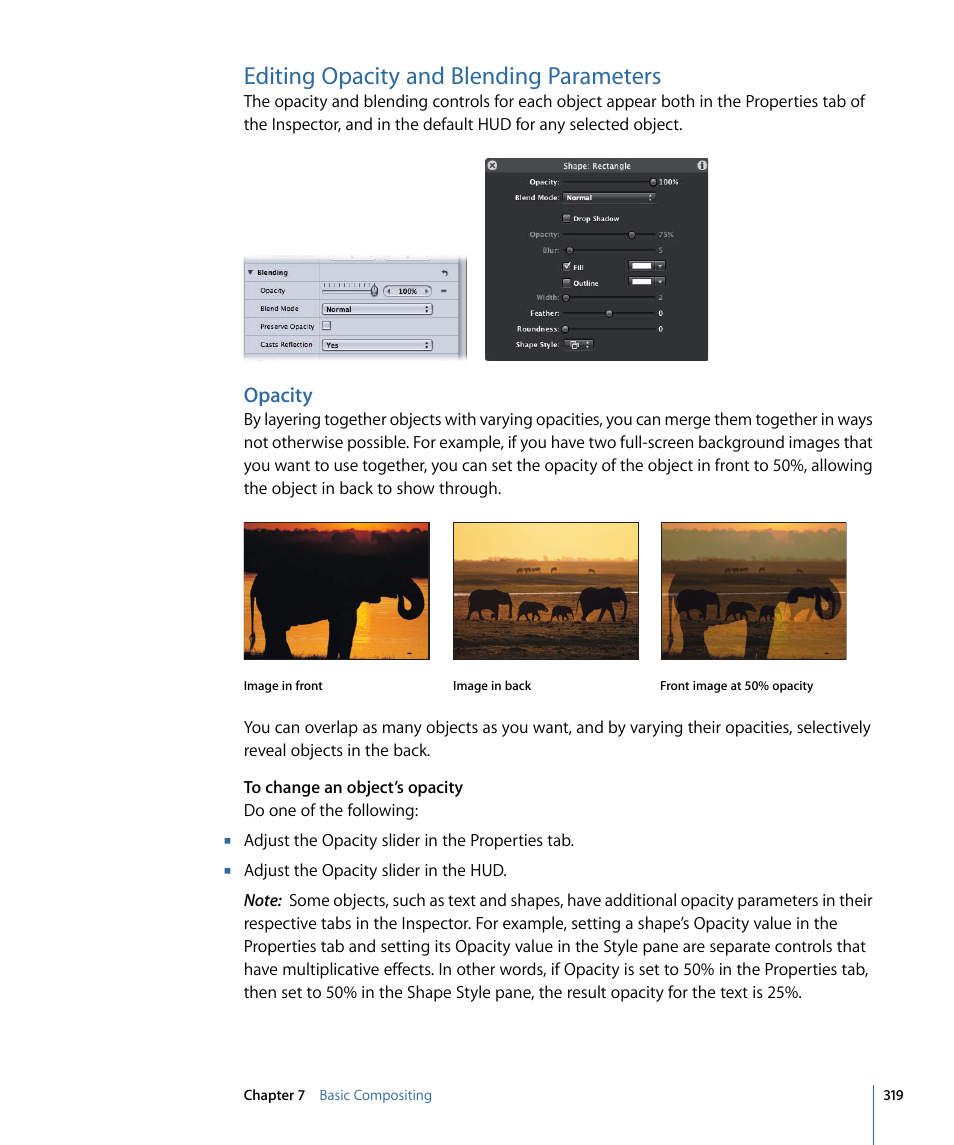 Editing opacity and blending parameters, Opacity, Editing opacity | And blending parameters | Apple Motion 4 User Manual | Page 319 / 1498