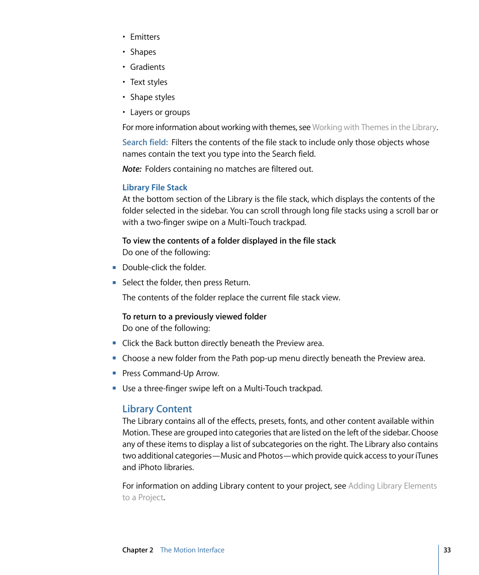 Library file stack, Library content | Apple Motion 4 User Manual | Page 33 / 1498