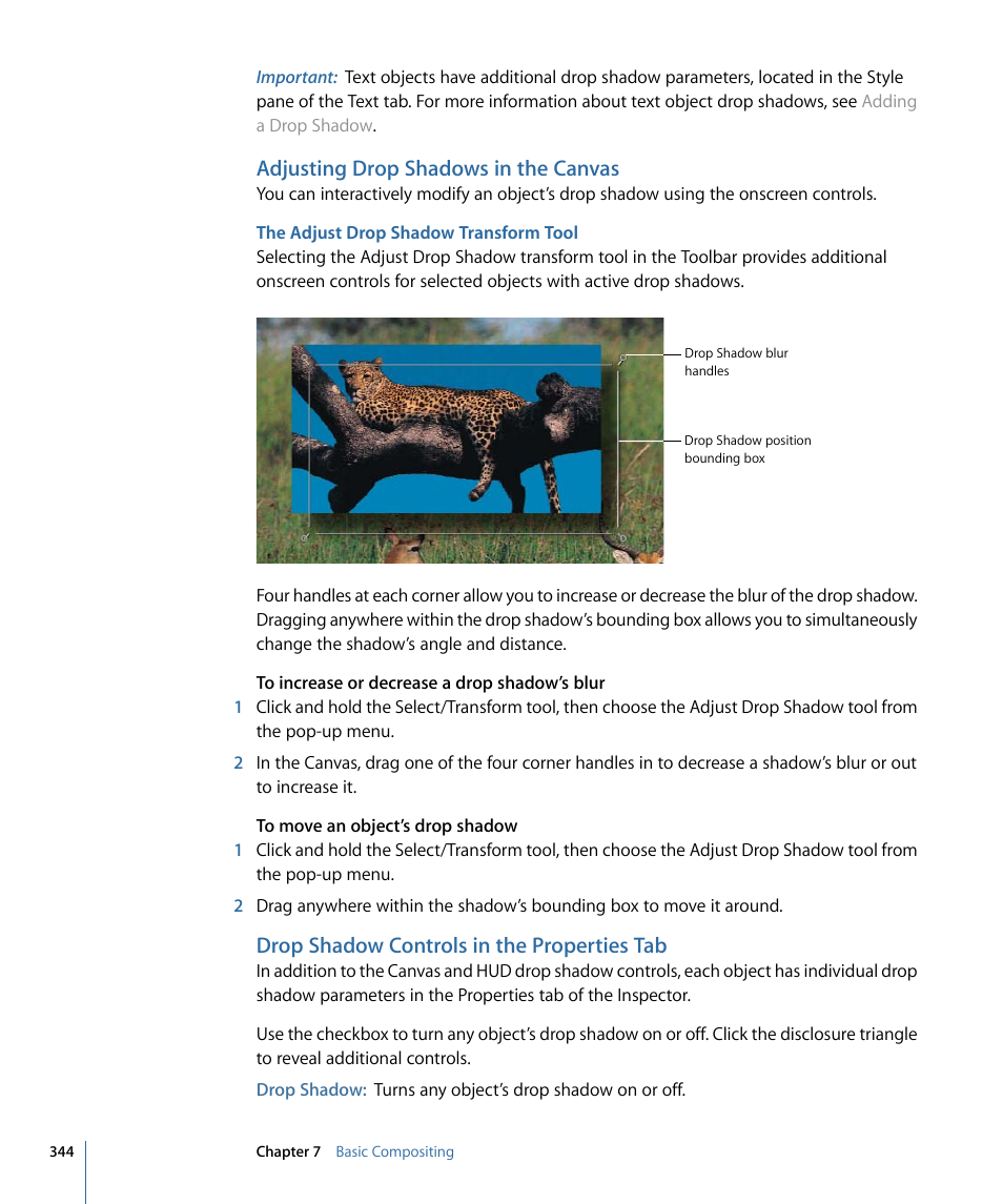 Adjusting drop shadows in the canvas, The adjust drop shadow transform tool, Drop shadow controls in the properties tab | Apple Motion 4 User Manual | Page 344 / 1498