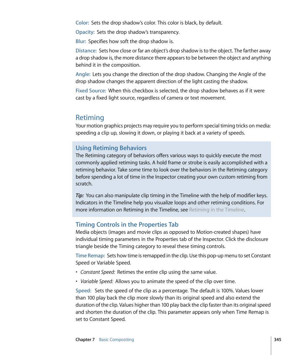 Retiming, Timing controls in the properties tab, Using retiming behaviors | Apple Motion 4 User Manual | Page 345 / 1498