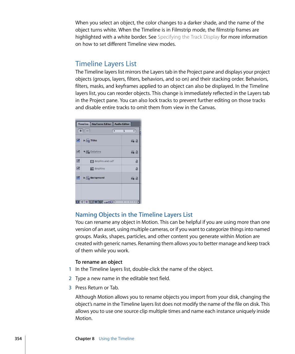 Timeline layers list, Naming objects in the timeline layers list | Apple Motion 4 User Manual | Page 354 / 1498