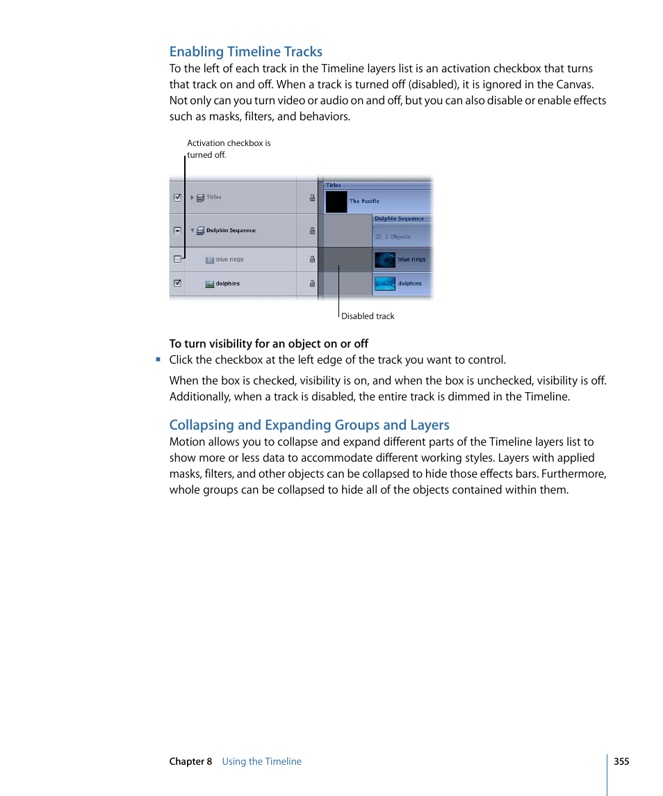 Enabling timeline tracks, Collapsing and expanding groups and layers | Apple Motion 4 User Manual | Page 355 / 1498