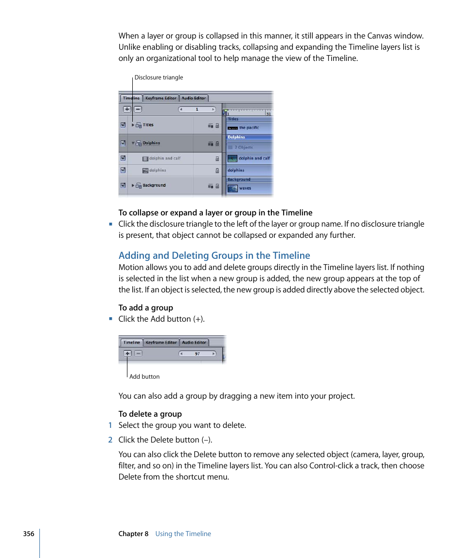 Adding and deleting groups in the timeline | Apple Motion 4 User Manual | Page 356 / 1498