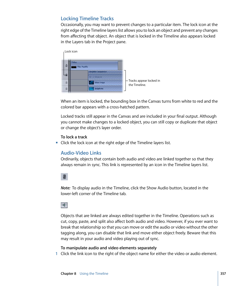 Locking timeline tracks, Audio-video links | Apple Motion 4 User Manual | Page 357 / 1498