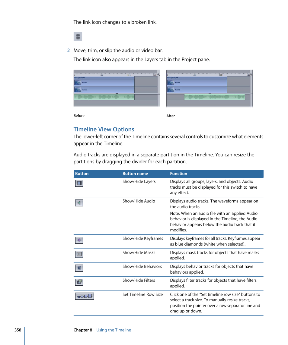 Timeline view options | Apple Motion 4 User Manual | Page 358 / 1498